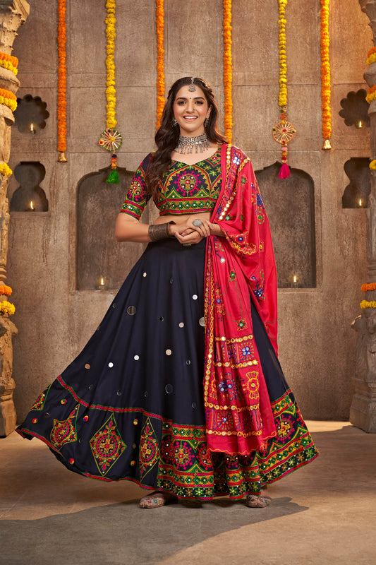 Navy Blue Color Mirror Work Viscose Rayon Navaratri Lehenga