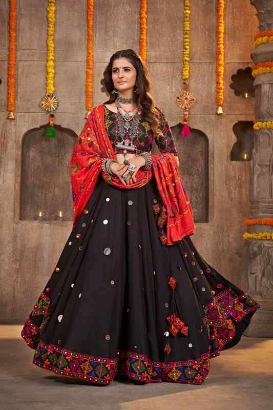 Black Color Mirror Work Viscose Rayon Navaratri Lehenga