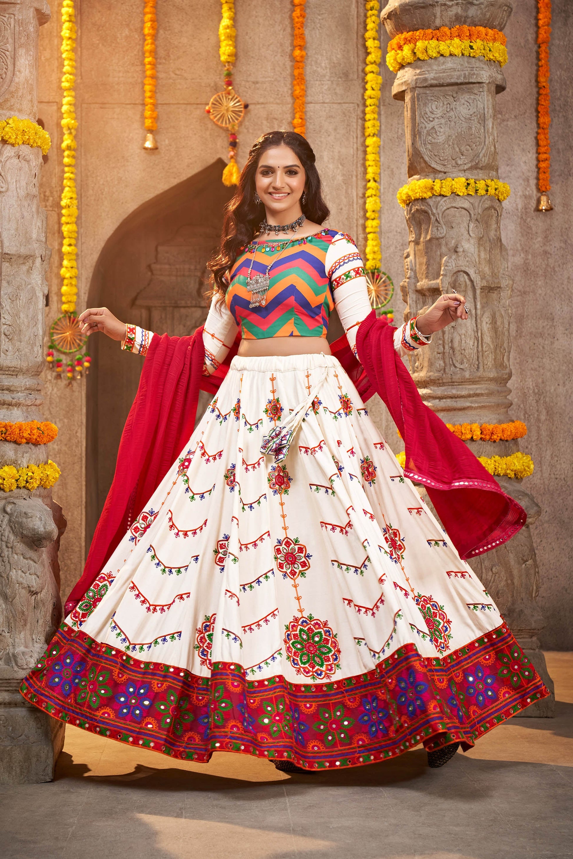 Pearl White Color Mirror Work Viscose Rayon Navaratri Lehenga