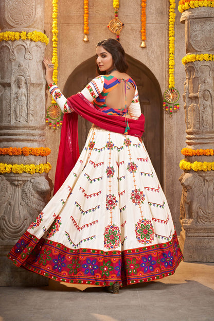 Pearl White Color Mirror Work Viscose Rayon Navaratri Lehenga