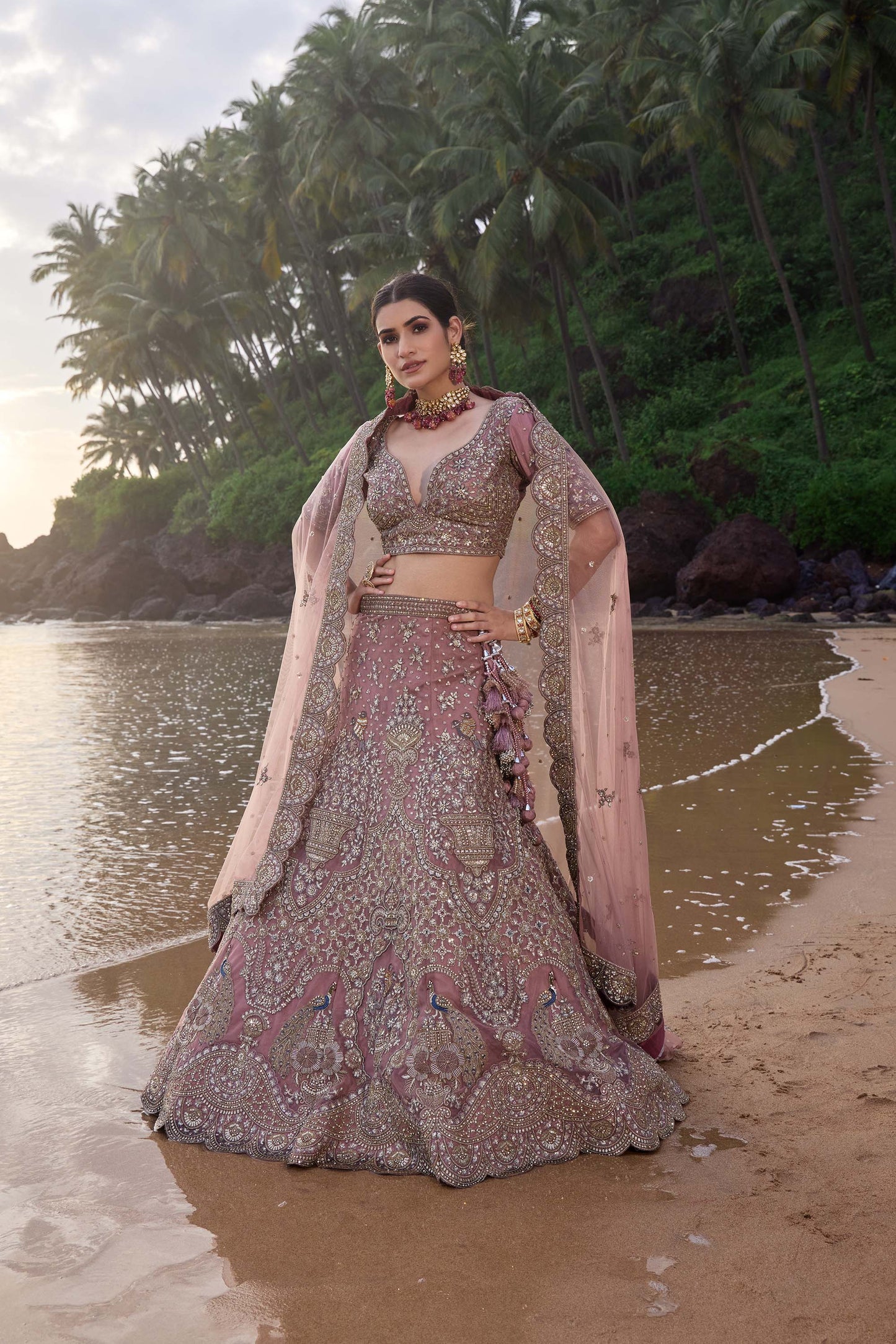 Mahavir Machine Embroidered Net, Silk Lavender Bridal lehenga