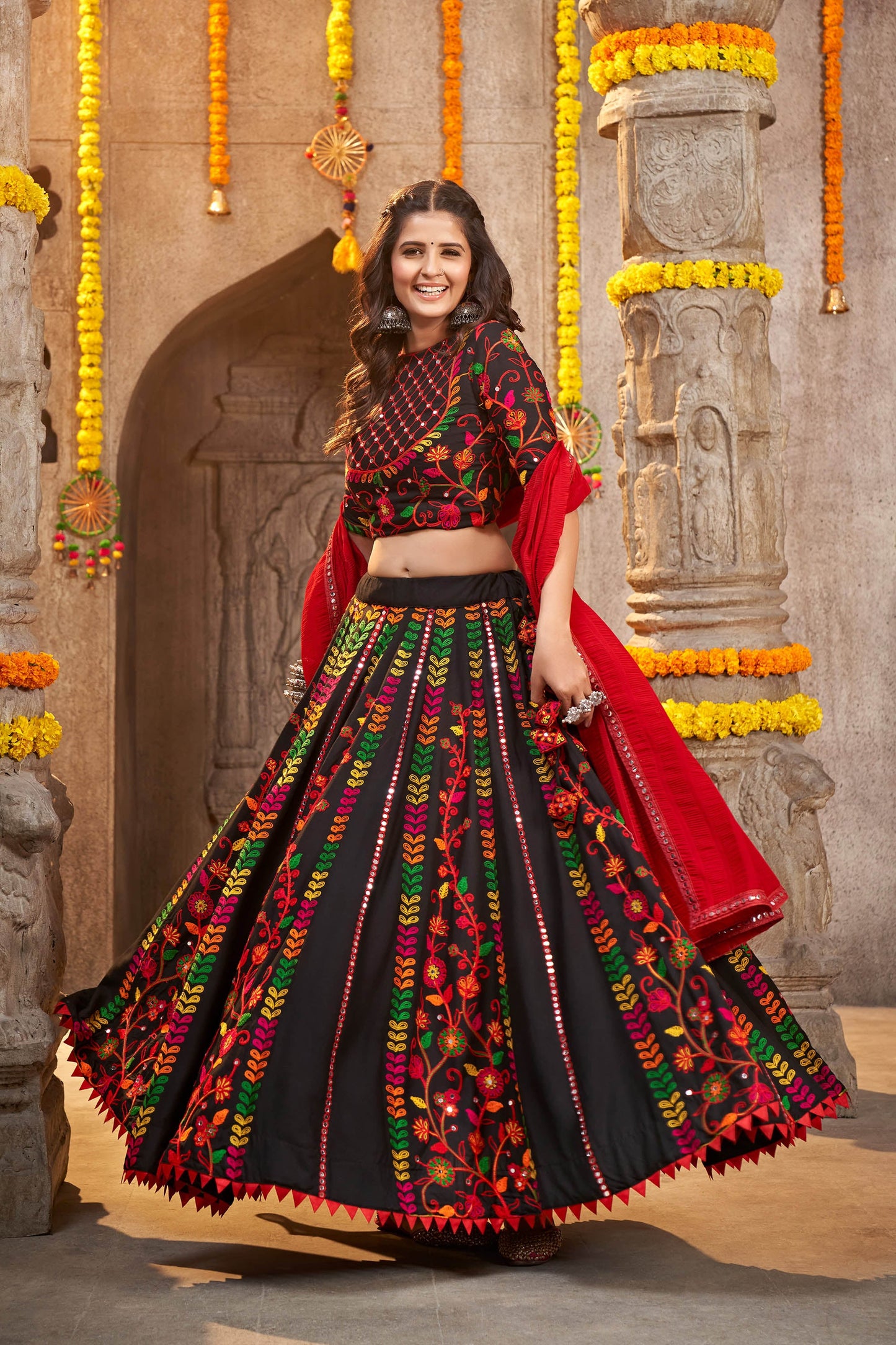 Black with Multi Color Thread Work Viscose Rayon Navaratri Lehenga