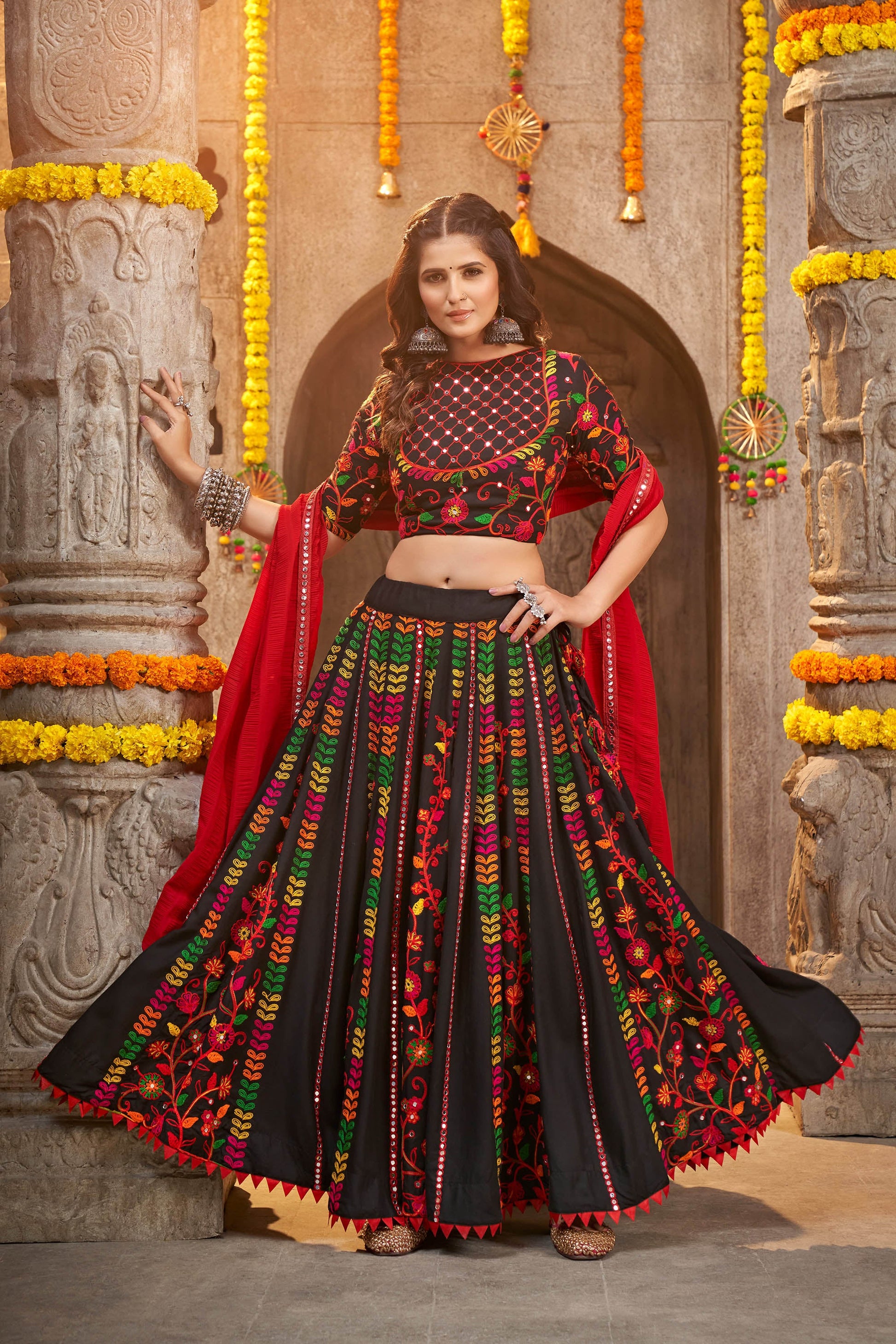 Black with Multi Color Thread Work Viscose Rayon Navaratri Lehenga