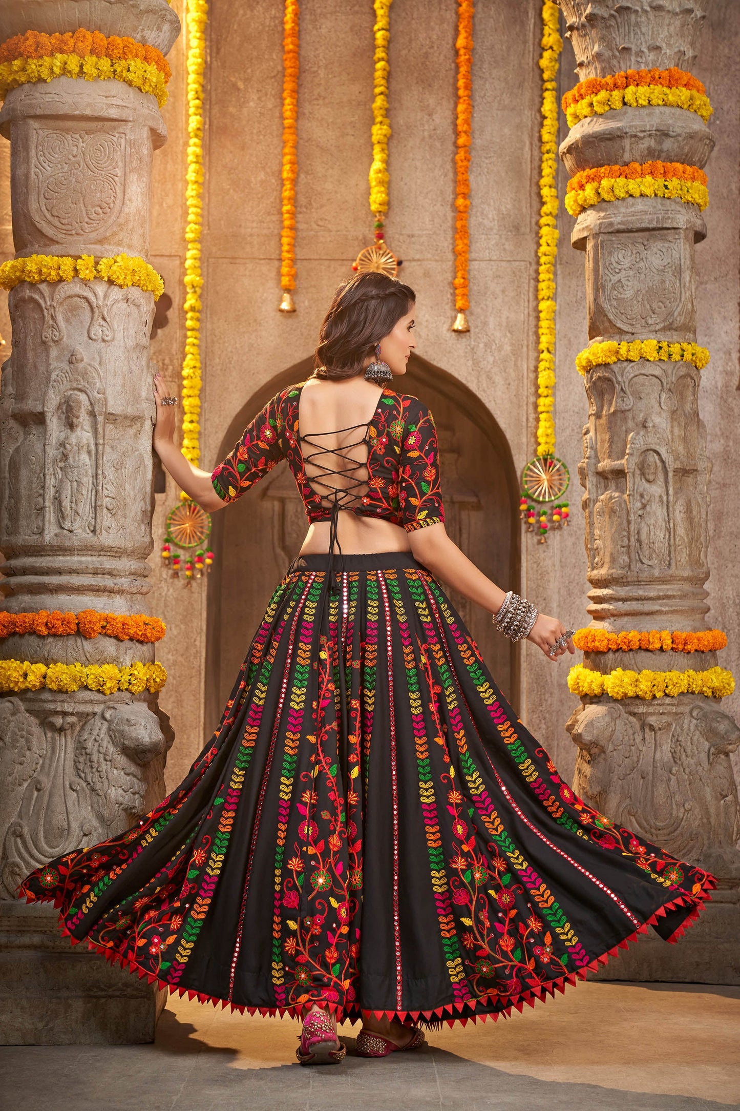 Black with Multi Color Thread Work Viscose Rayon Navaratri Lehenga