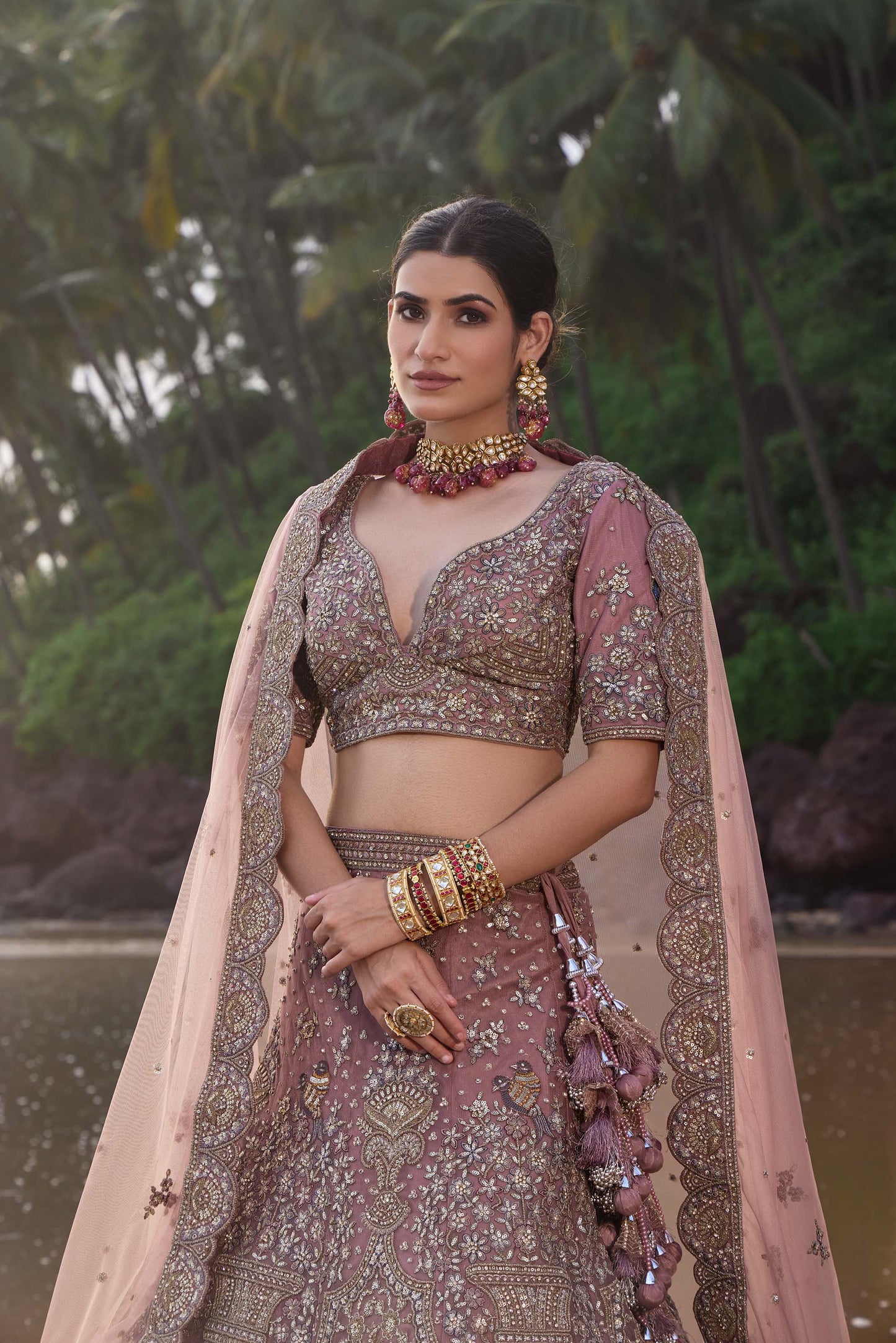 Mahavir Machine Embroidered Net, Silk Lavender Bridal lehenga