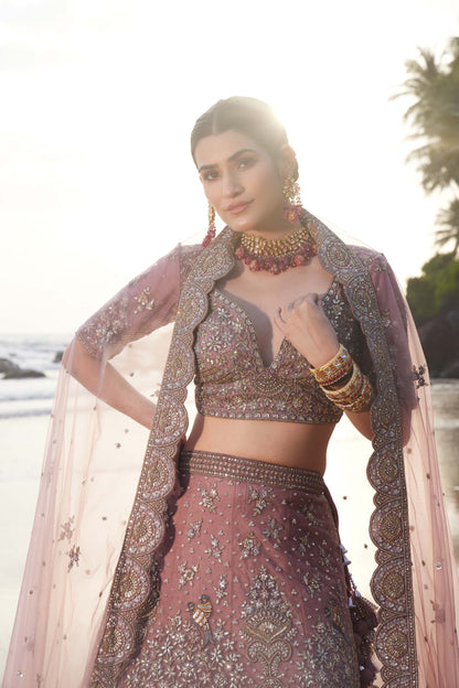 Mahavir Machine Embroidered Net, Silk Lavender Bridal lehenga