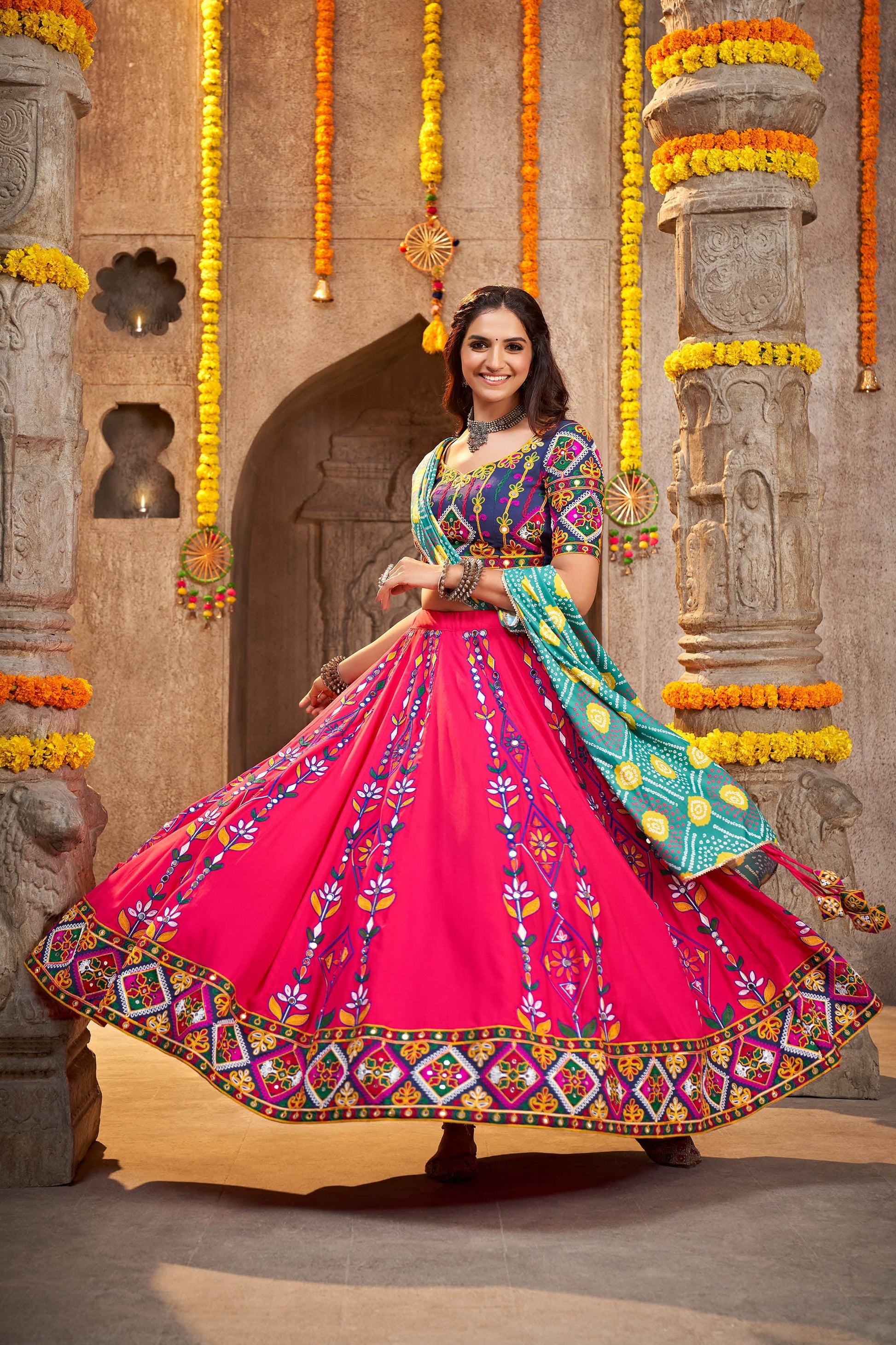 Deep Pink Color Mirror Work Viscose Rayon Navaratri Lehenga