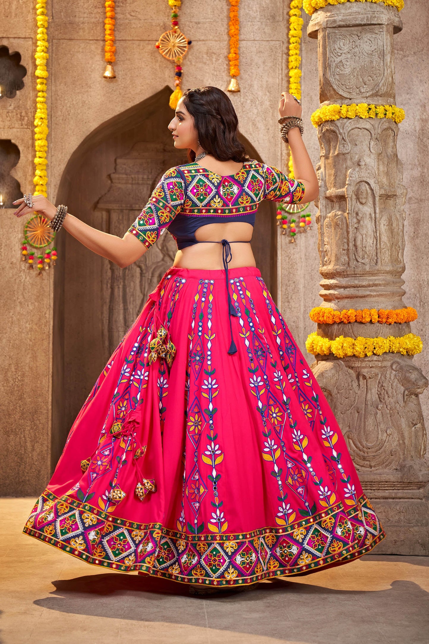 Deep Pink Color Mirror Work Viscose Rayon Navaratri Lehenga