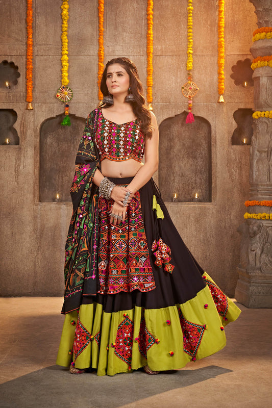 Black Mirror Work Viscose Rayon with Green Border Navaratri Lehenga