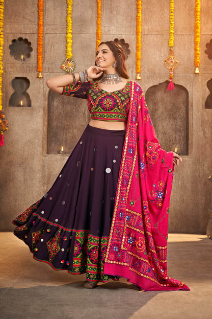 Purple Color Mirror Work Viscose Rayon Navaratri Lehenga