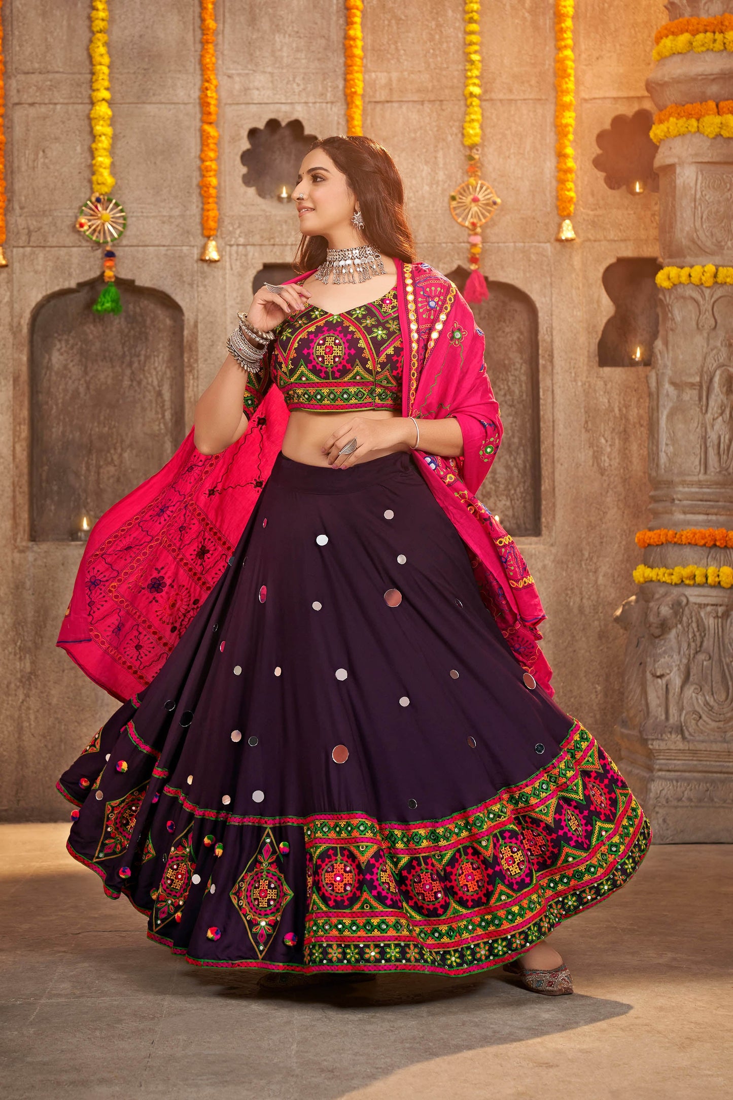 Purple Color Mirror Work Viscose Rayon Navaratri Lehenga