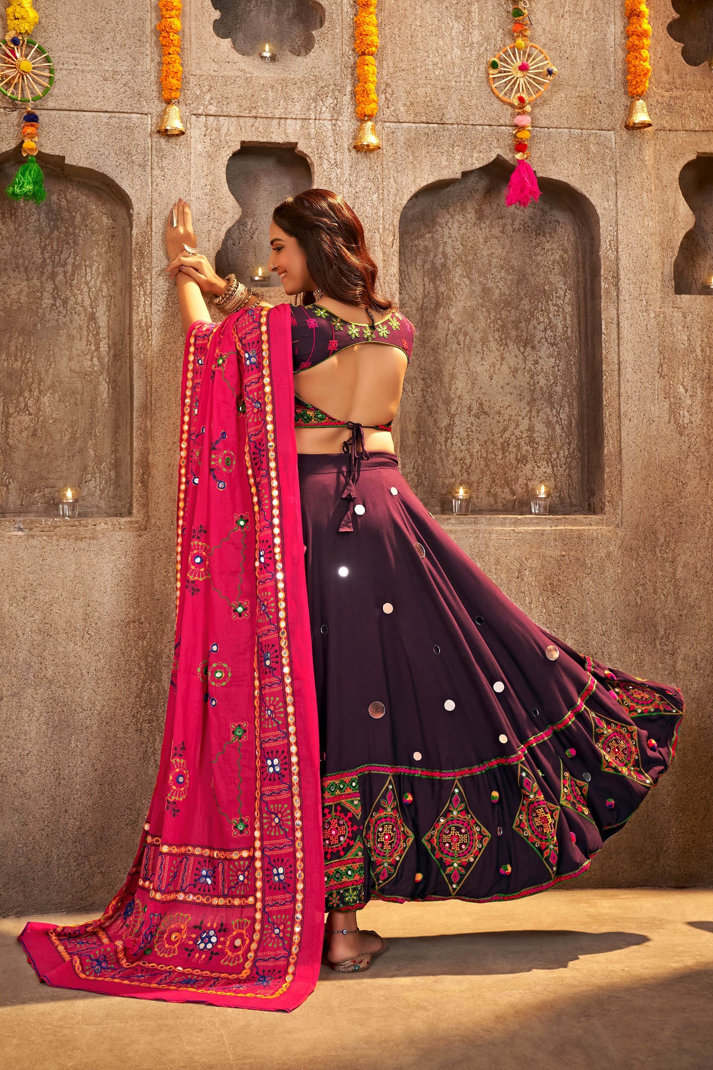 Purple Color Mirror Work Viscose Rayon Navaratri Lehenga