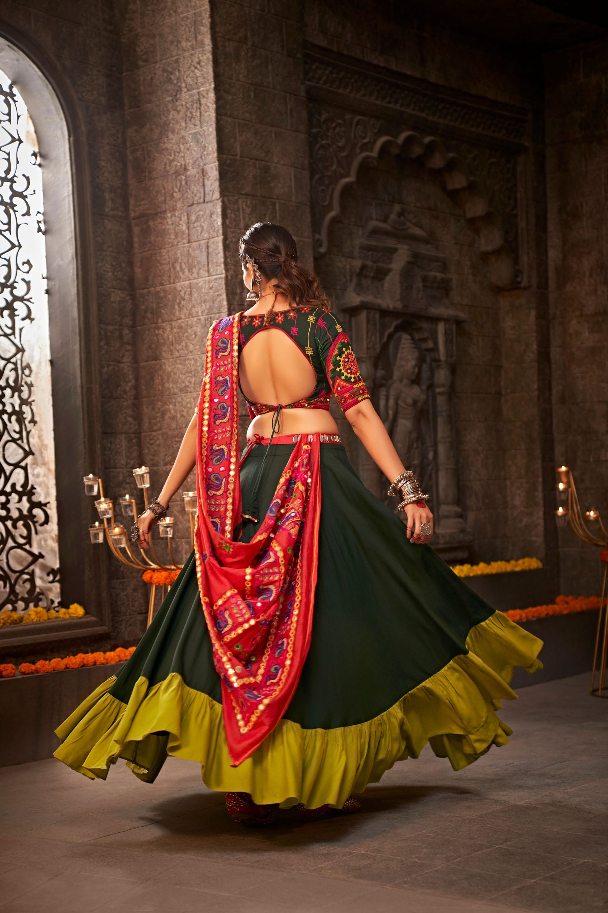 Green Viscose Rayon Mirror Work Navratri Chaniya Choli