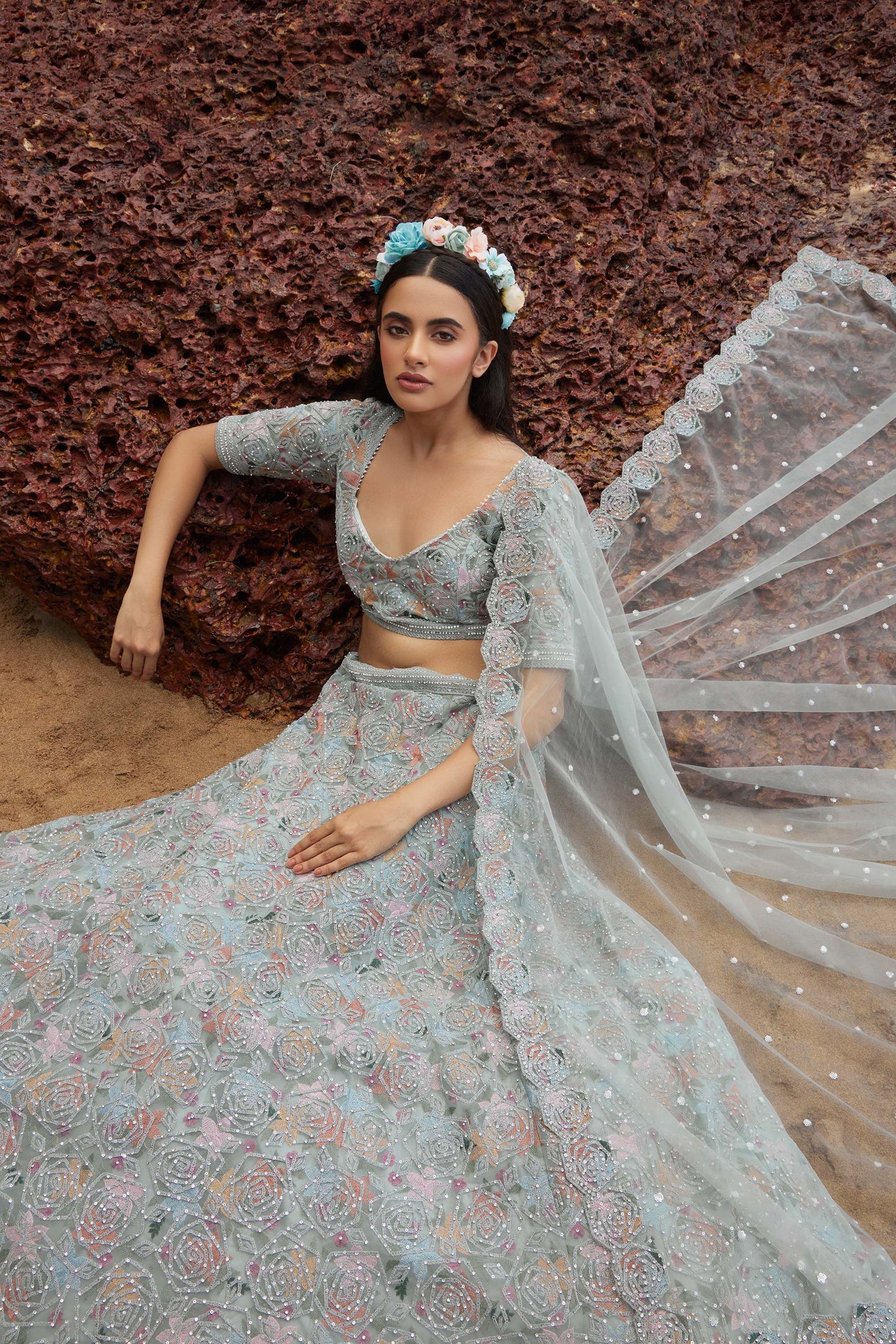 Mahavir Machine Embroidered Net Grey Bridal lehenga