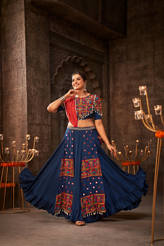 Blue Viscose Rayon Printed Work Navratri Chaniya Choli