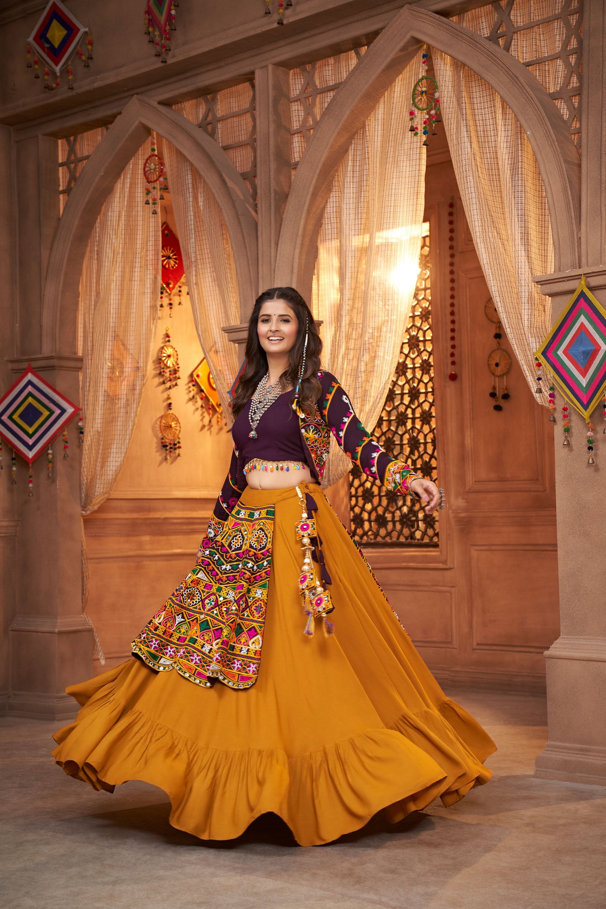 Mustard Yellow Viscose Rayon Thread & Mirror Work Navratri Chaniya Choli