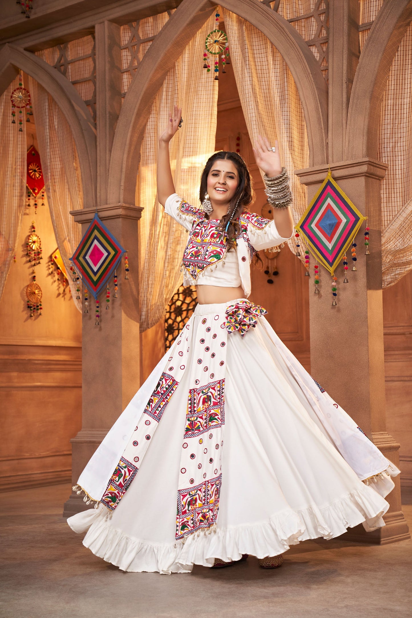 White Color Viscose Rayon Thread & Mirror Work Navratri Chaniya Choli