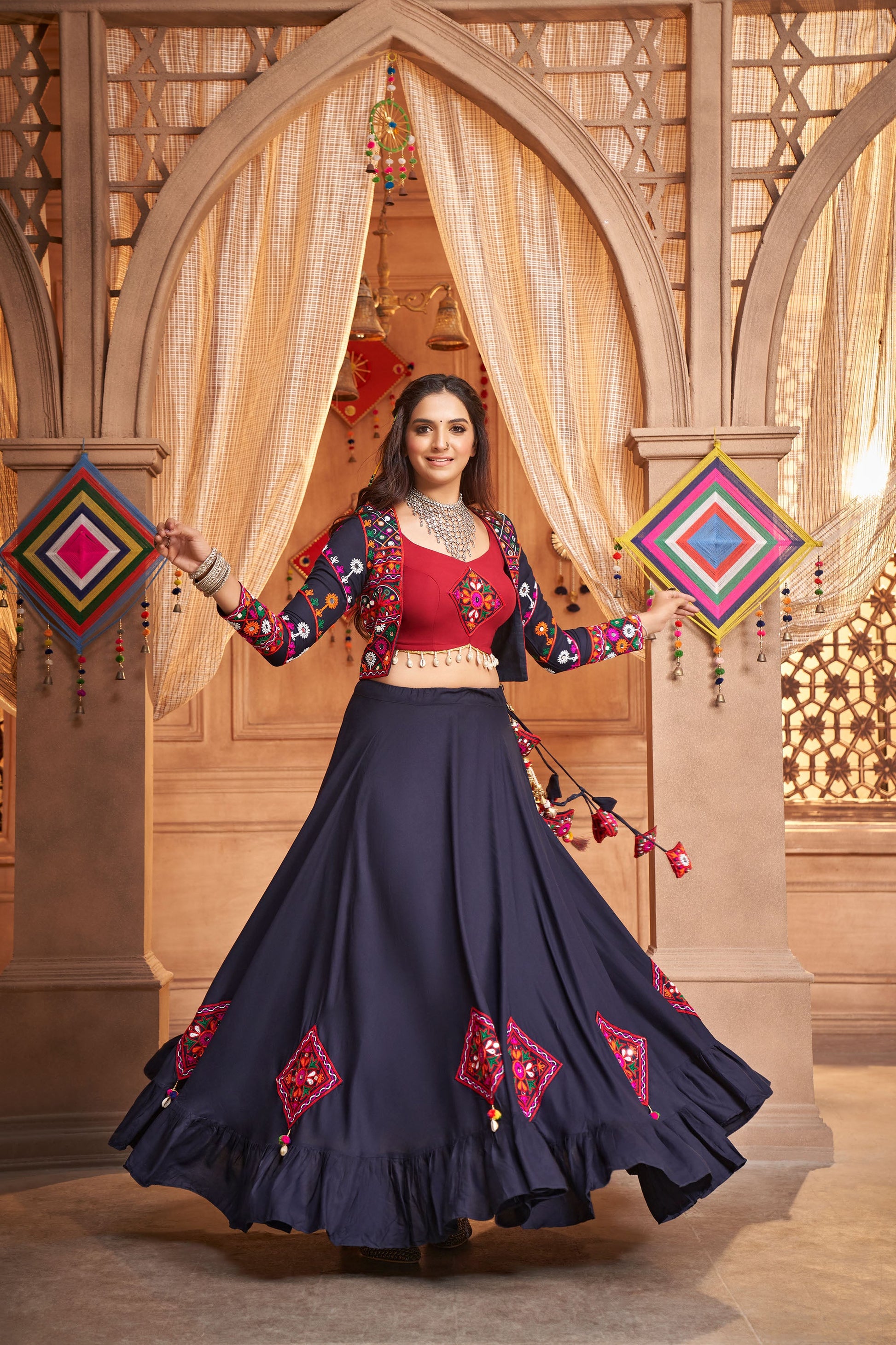 Navy Blue Viscose Rayon Thread & Mirror Work Navratri Chaniya Choli