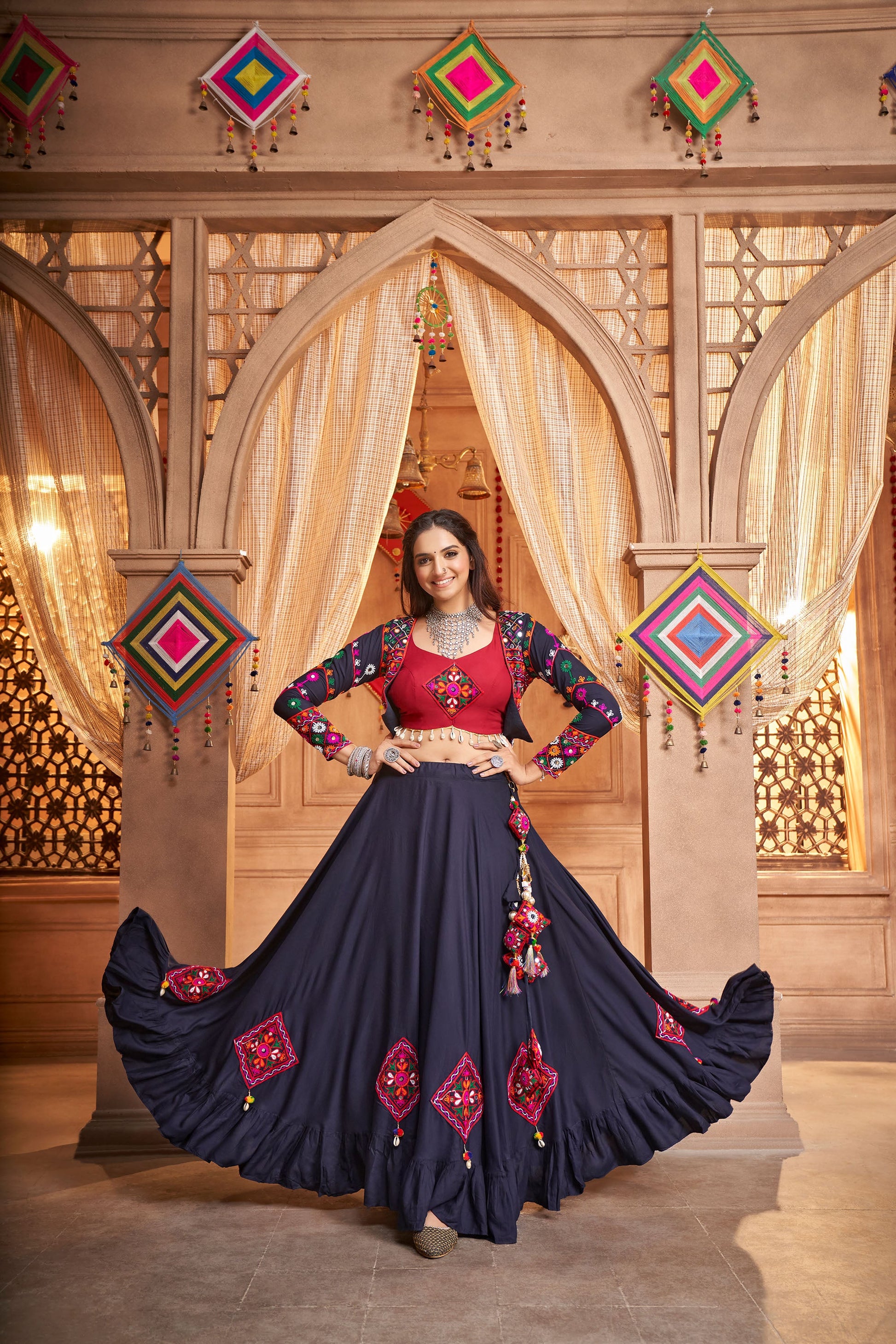 Navy Blue Viscose Rayon Thread & Mirror Work Navratri Chaniya Choli