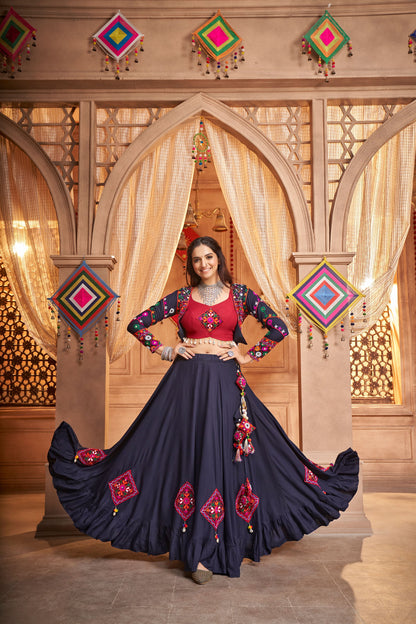 Navy Blue Viscose Rayon Thread & Mirror Work Navratri Chaniya Choli