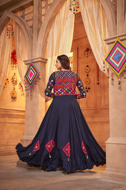 Navy Blue Viscose Rayon Thread & Mirror Work Navratri Chaniya Choli