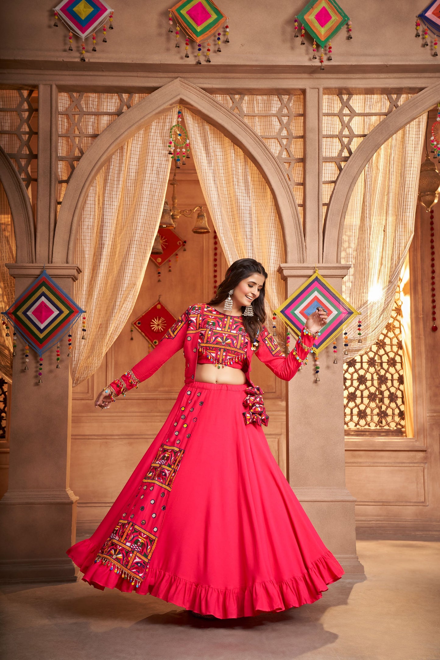 Rani Pink Viscose Rayon Thread & Mirror Work Navratri Chaniya Choli