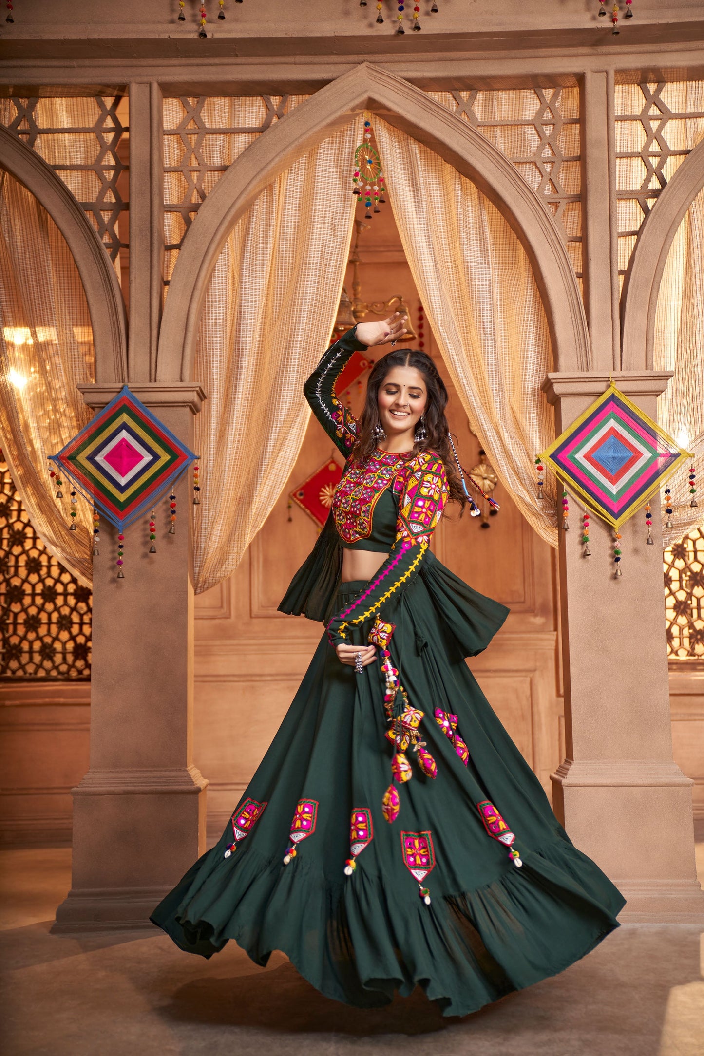 Green Viscose Rayon Thread & Mirror Work Navratri Chaniya Choli