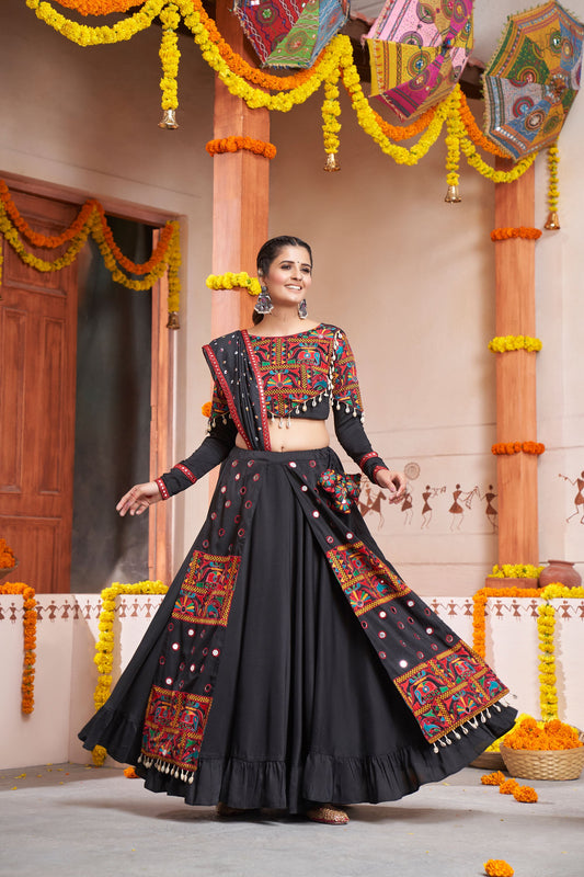 Black Viscose Rayon Embroidery Mirror Work Navaratri Chaniya Choli