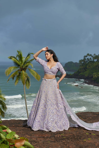 Mahavir Machine Embroidered Net Light Purple Bridal lehenga