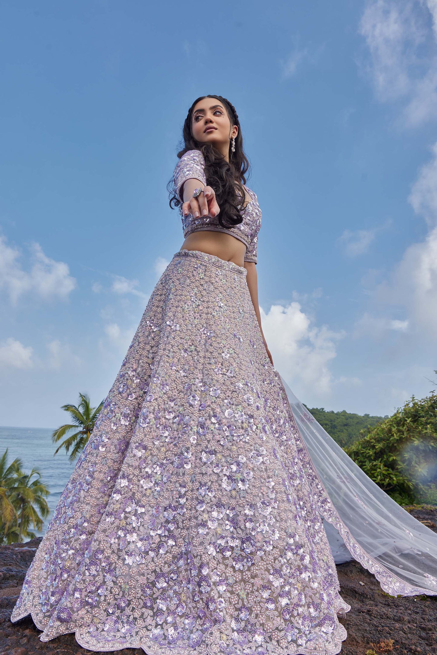 Mahavir Machine Embroidered Net Light Purple Bridal lehenga