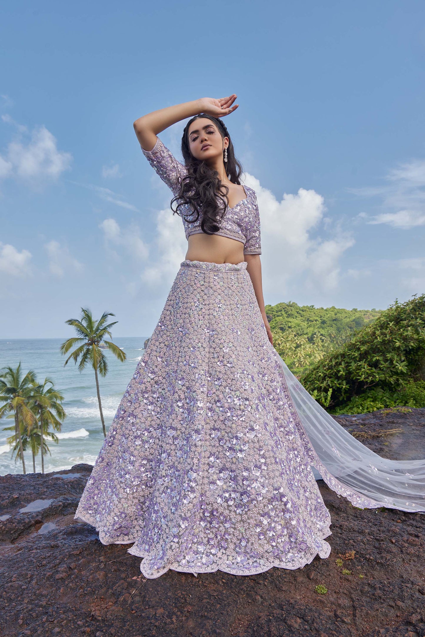 Mahavir Machine Embroidered Net Light Purple Bridal lehenga