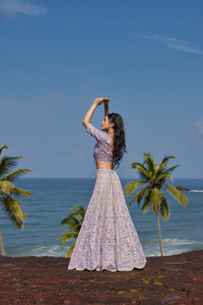 Mahavir Machine Embroidered Net Light Purple Bridal lehenga