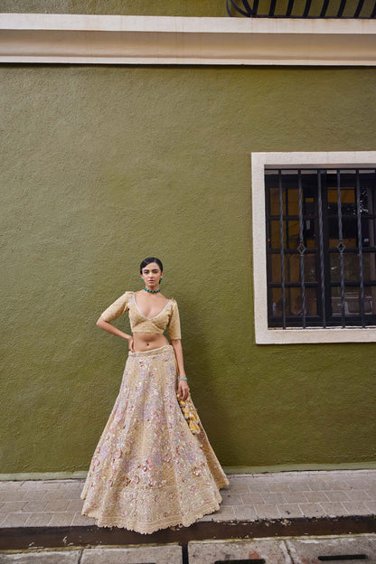 Mahavir Machine Embroidered Net Beige Bridal lehenga