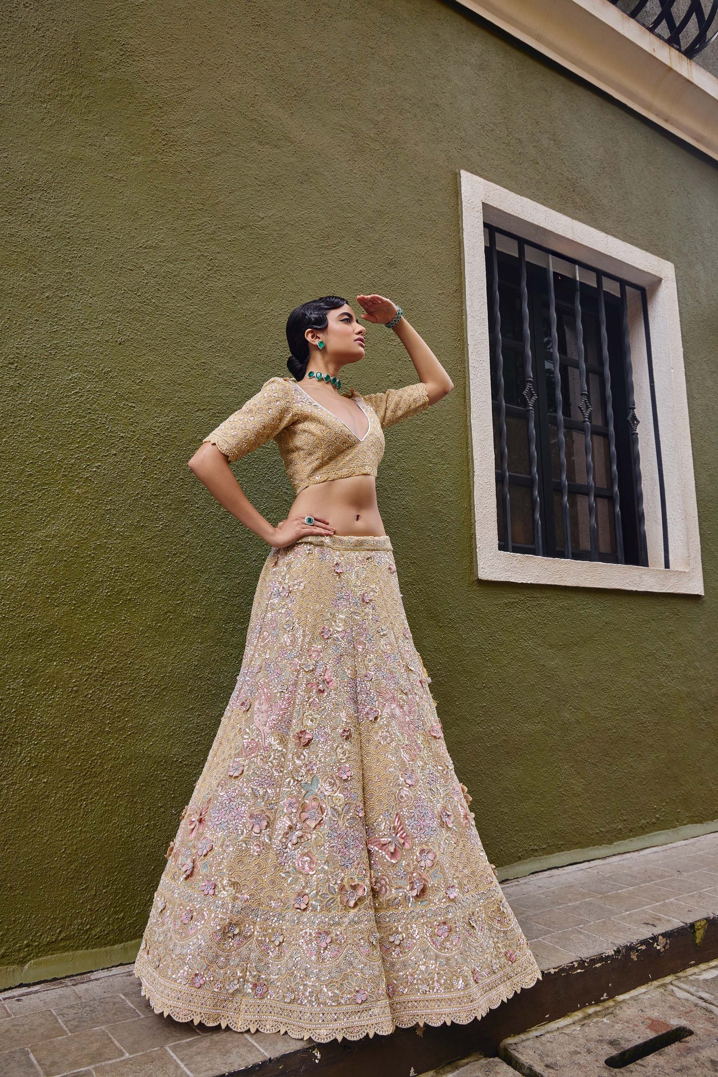 Mahavir Machine Embroidered Net Beige Bridal lehenga