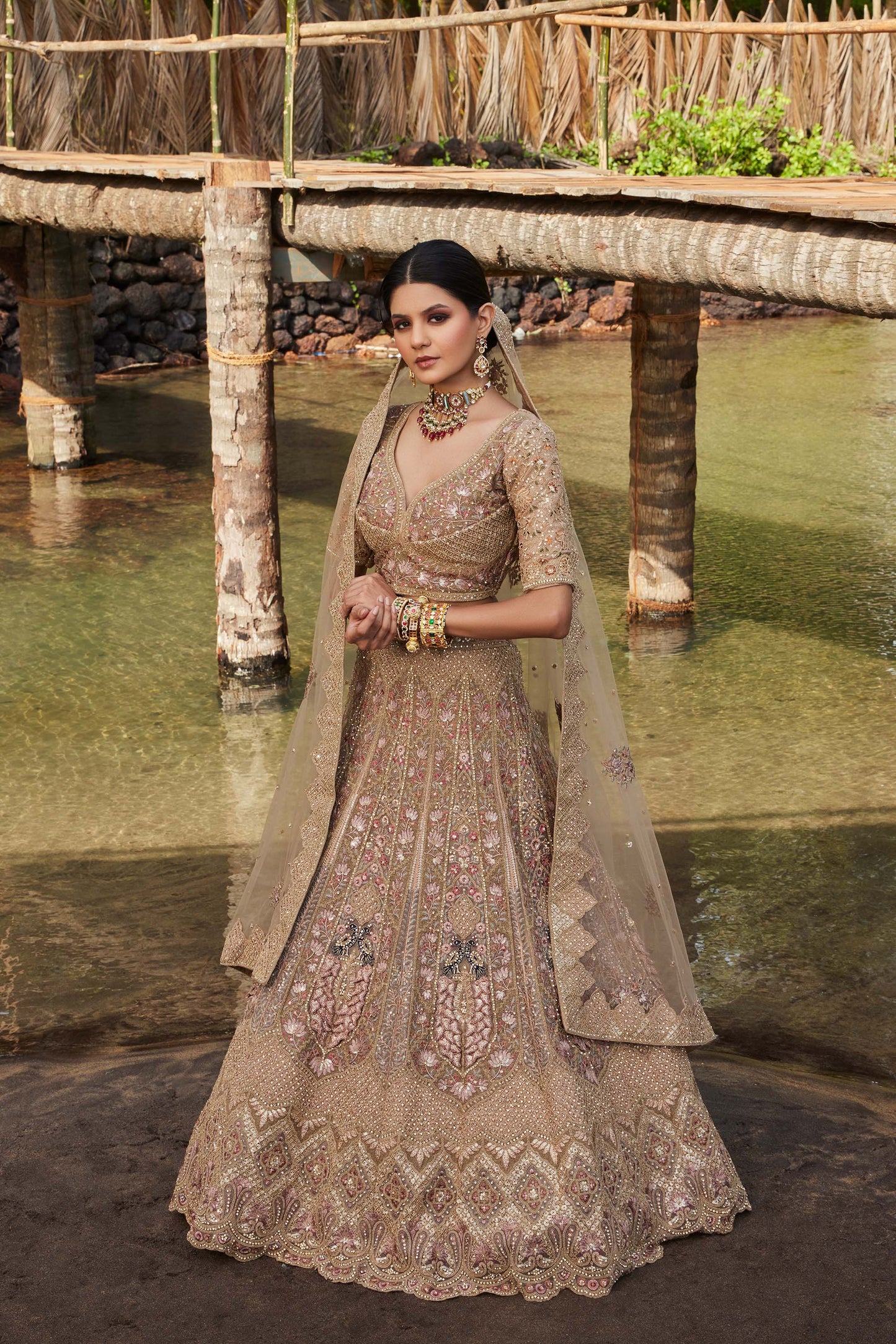 Mahavir Machine Embroidered Net Beige Bridal lehenga