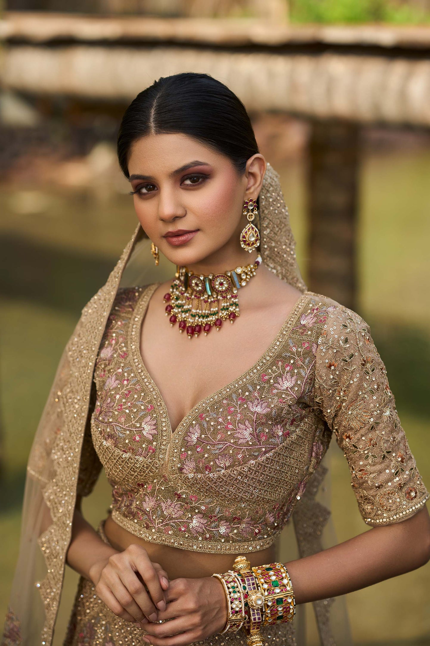 Mahavir Machine Embroidered Net Beige Bridal lehenga