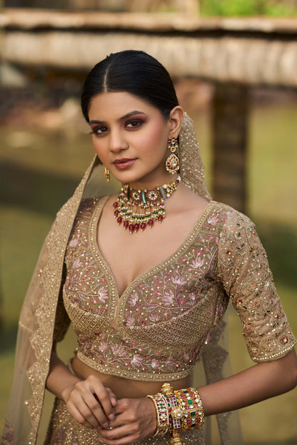 Mahavir Machine Embroidered Net Beige Bridal lehenga