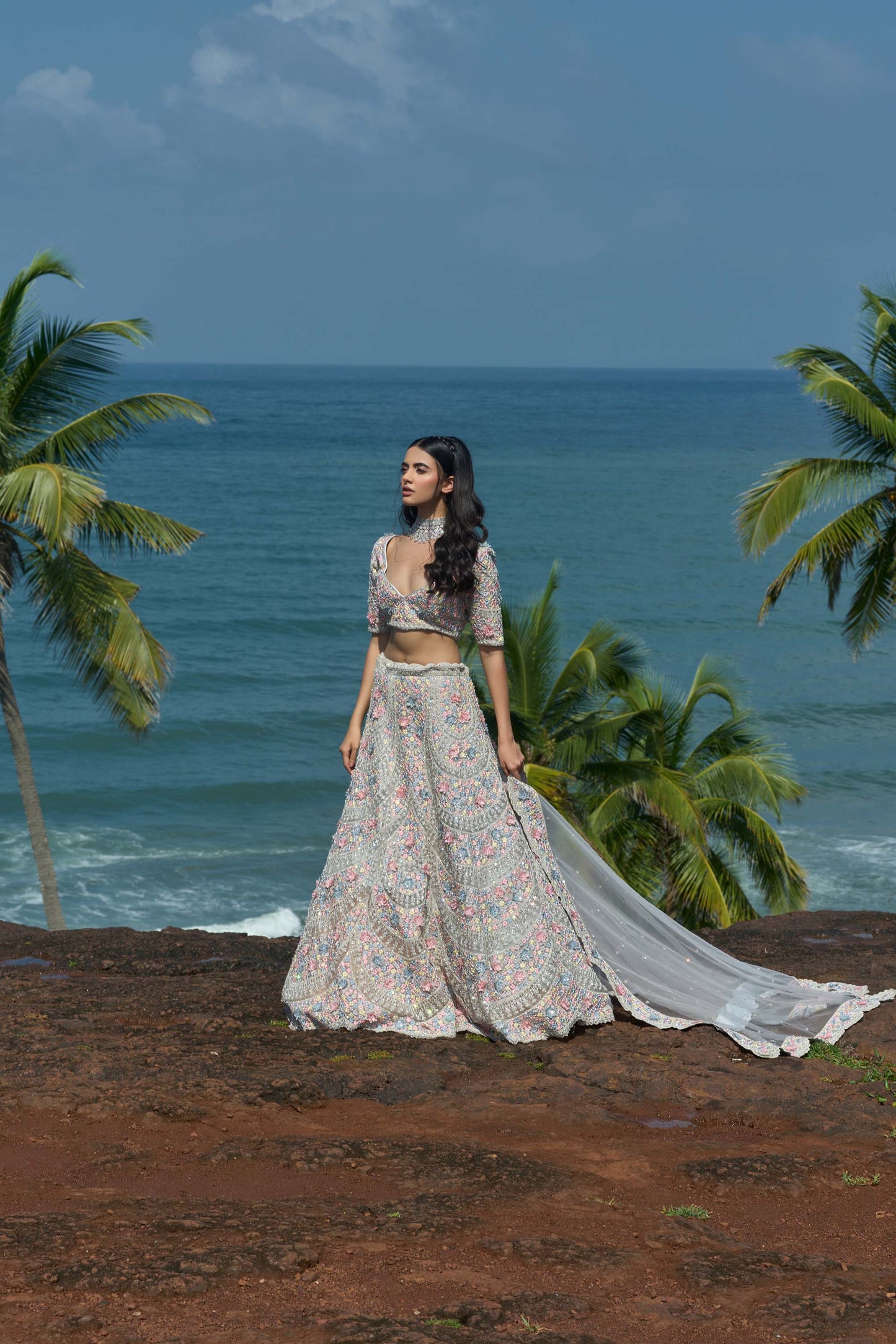 Mahavir Machine Embroidered Net Grey Bridal lehenga with Flower motifs