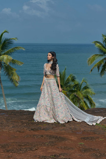 Mahavir Machine Embroidered Net Grey Bridal lehenga with Flower motifs