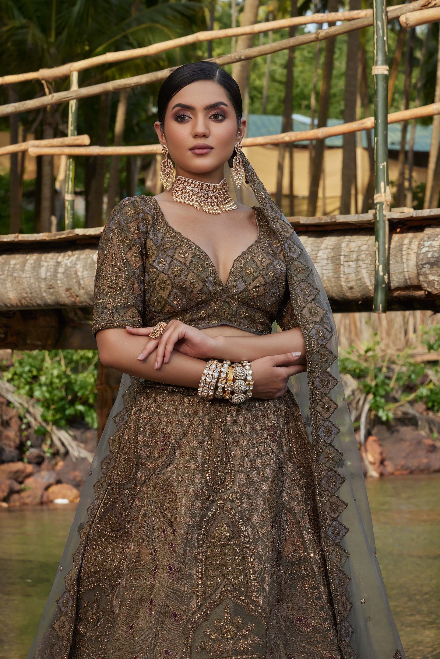 Mahavir Machine Embroidered Net, Silk Grey & Green Bridal lehenga