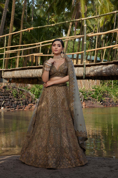 Mahavir Machine Embroidered Net, Silk Grey & Green Bridal lehenga