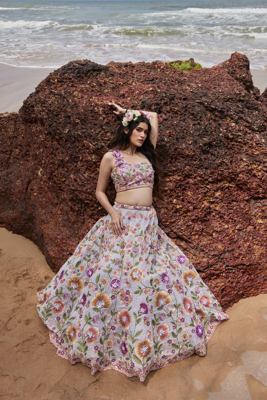 Mahavir Machine Embroidered Silk Lilac Bridal lehenga