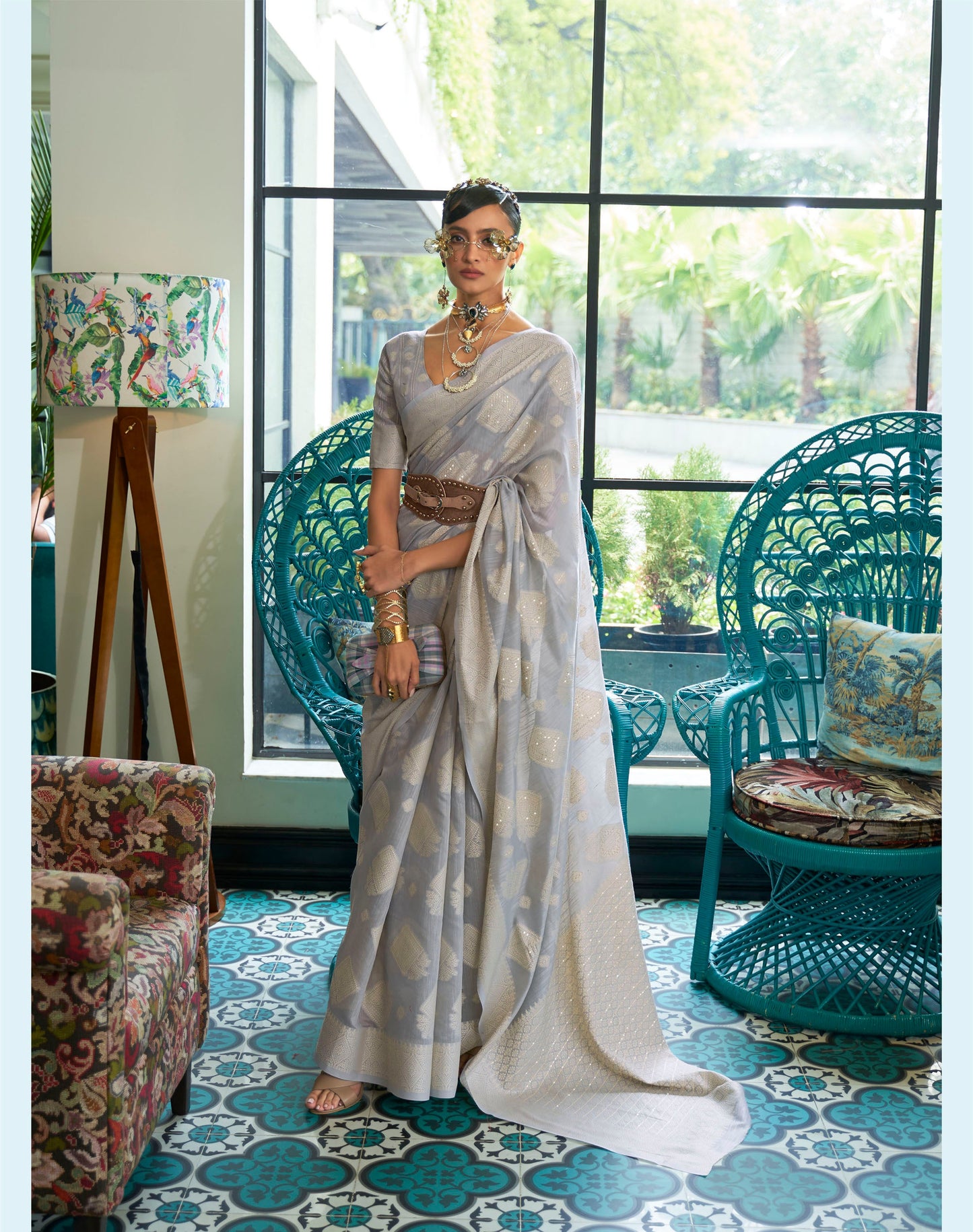 Grey Lucknowi Cotton Silk Saree