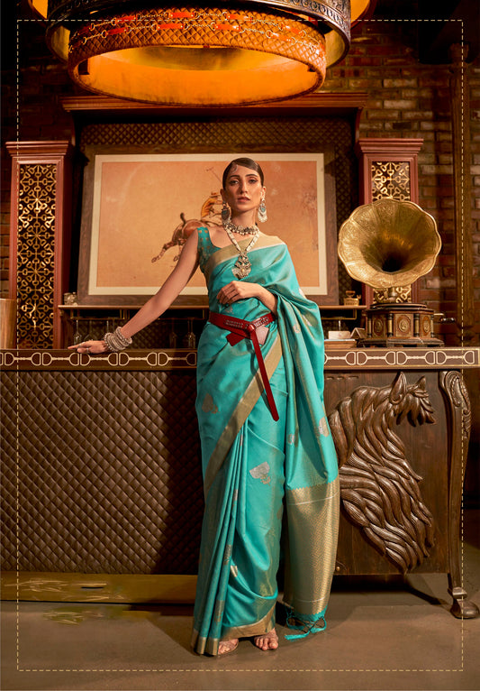 Turquoise Blue Silk Blend Kanjivaram Saree