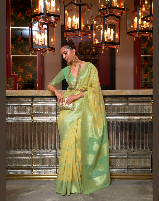 Lime Yellow and Green Linen Silk Woven Saree