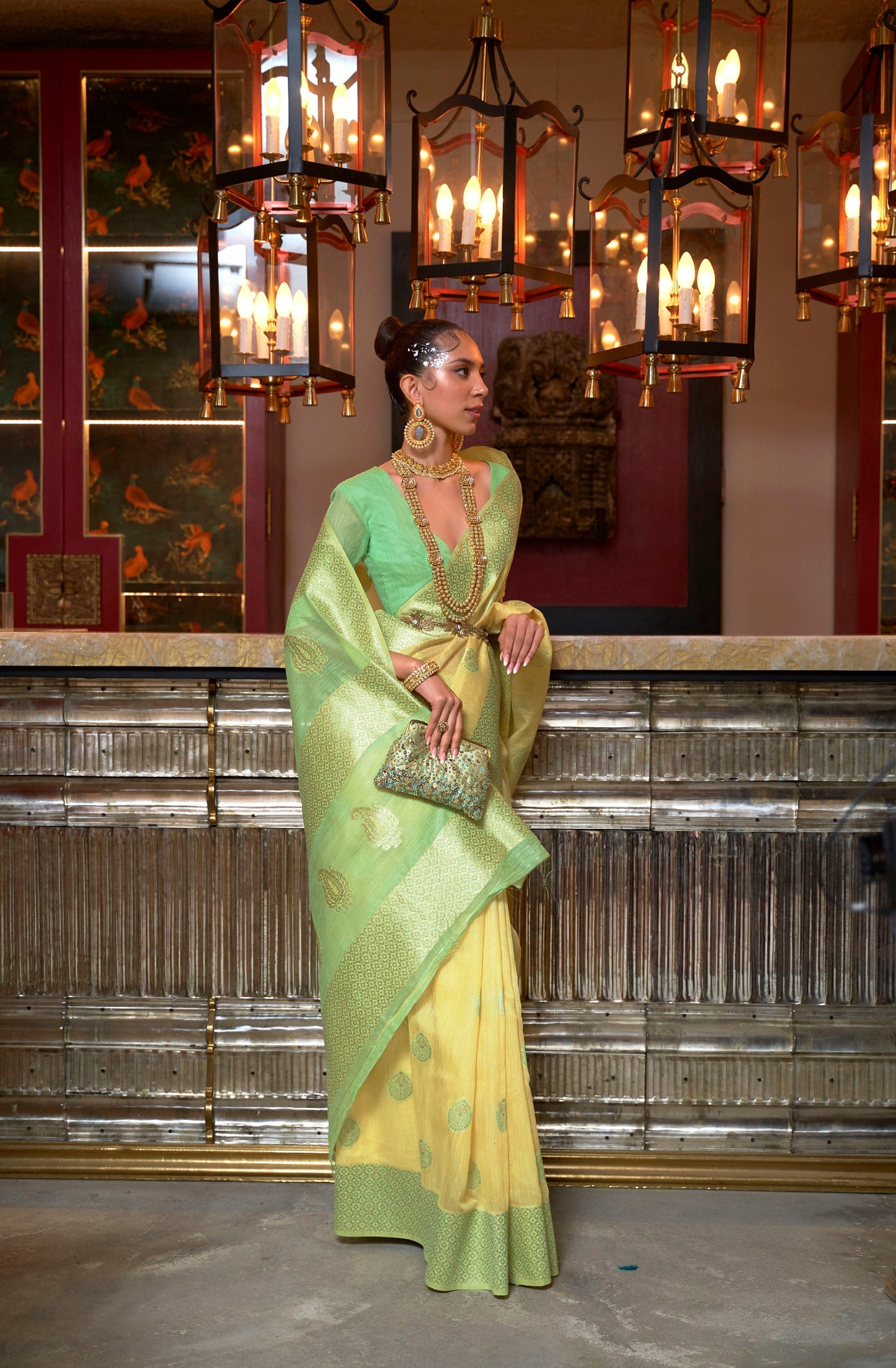 Lime Yellow and Green Linen Silk Woven Saree