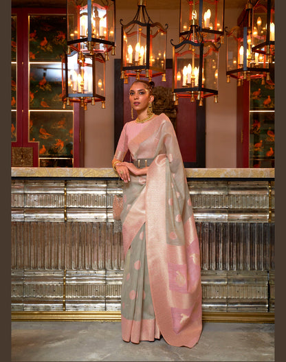 Grey and Pink Linen Silk Woven Saree