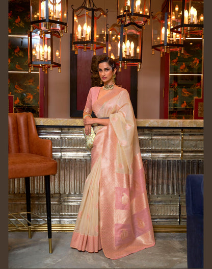 Cream and Pink Linen Silk Woven Saree