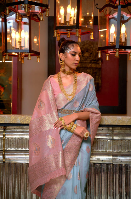 Mist Blue and Pink Linen Silk Woven Saree 