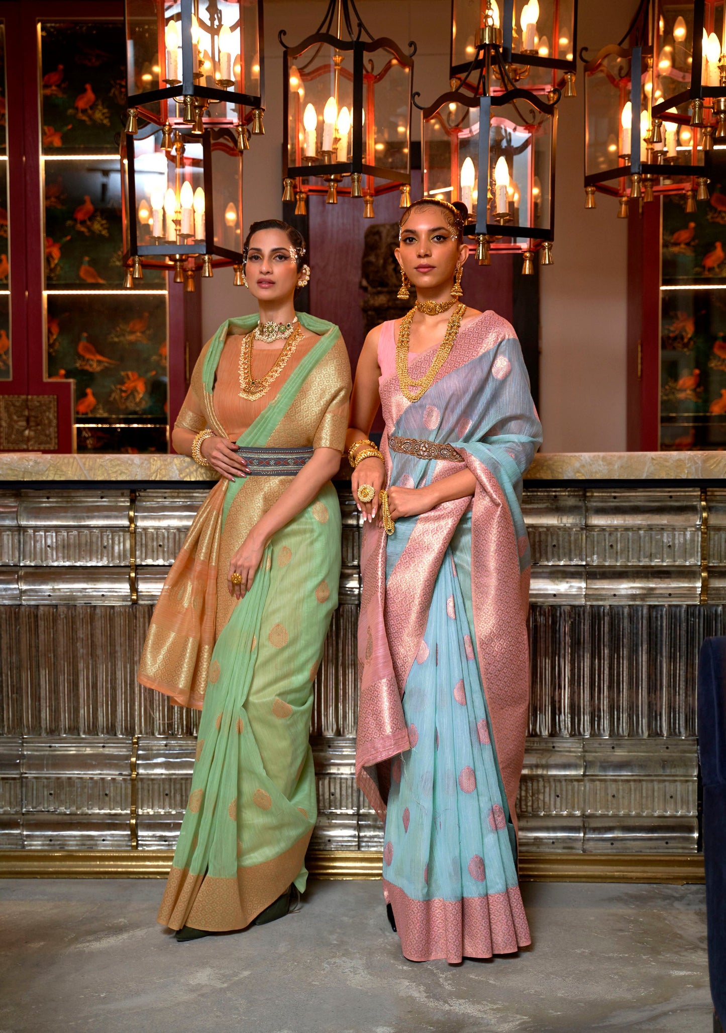 Green and Orange Linen Silk Woven Saree